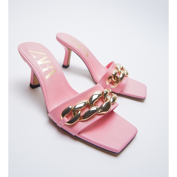 NWT ZARA Heeled Sandals With Chain Detail Gold Pink 9/40 - Picture 4 of 5